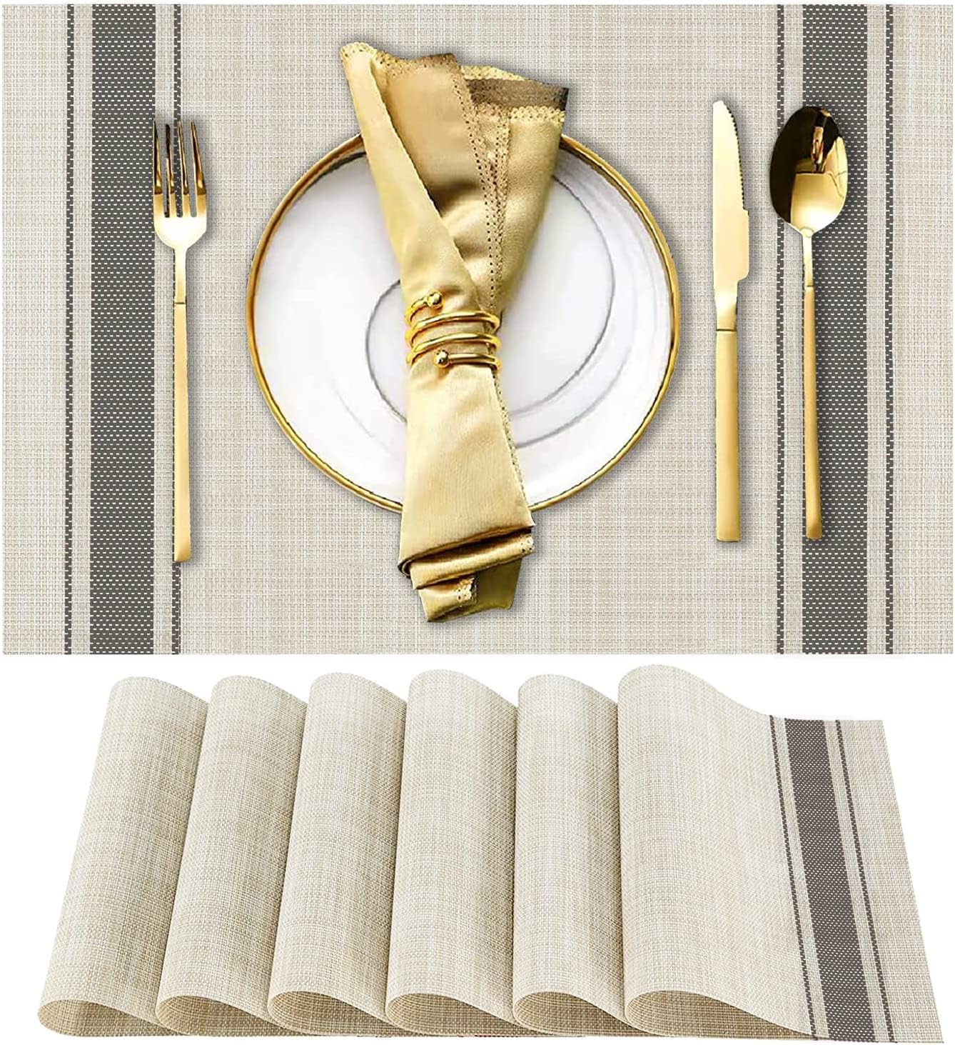 WUBAYI Placemats, Set of 6 Table Mats Heat Resistant Stain Resistant Non-Slip Woven Vinyl Insulation Placemats, Washable Durable Elegant Table Mats for Kitchen Dinning Restaurant(Beige Grey)
