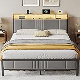 BedsPick Queen Bed Frame with Ergonomic Headboard, Upholstered Metal Platform Bed Queen Size with 2-Tier Storage, Charging Station, Smart LED Lights, Easy Assembly, No Box Spring Needed, Gray