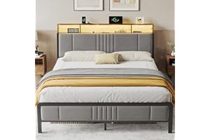 BedsPick Queen Bed Frame with Ergonomic Headboard, Upholstered Metal Platform Bed Queen Size with 2-Tier Storage, Charging Station, Smart LED Lights, Easy Assembly, No Box Spring Needed, Gray