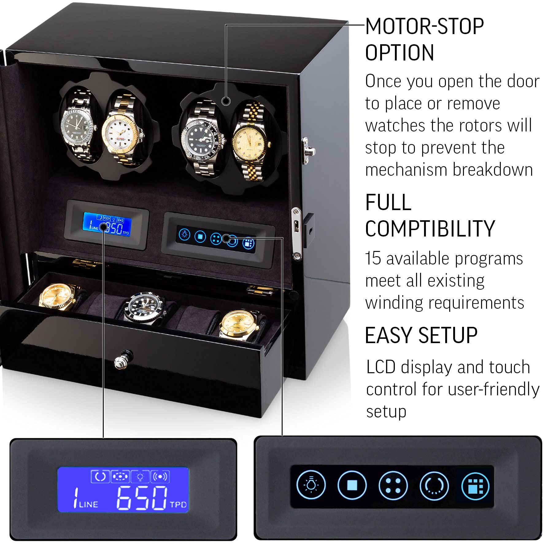 4 Watch Winder with 5 Watch Storage Space, LCD Display, Touch Control and Interior Light