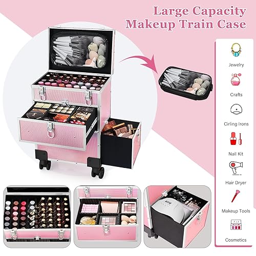 Professional Rolling Makeup Train Case, Multi-functional Manicure