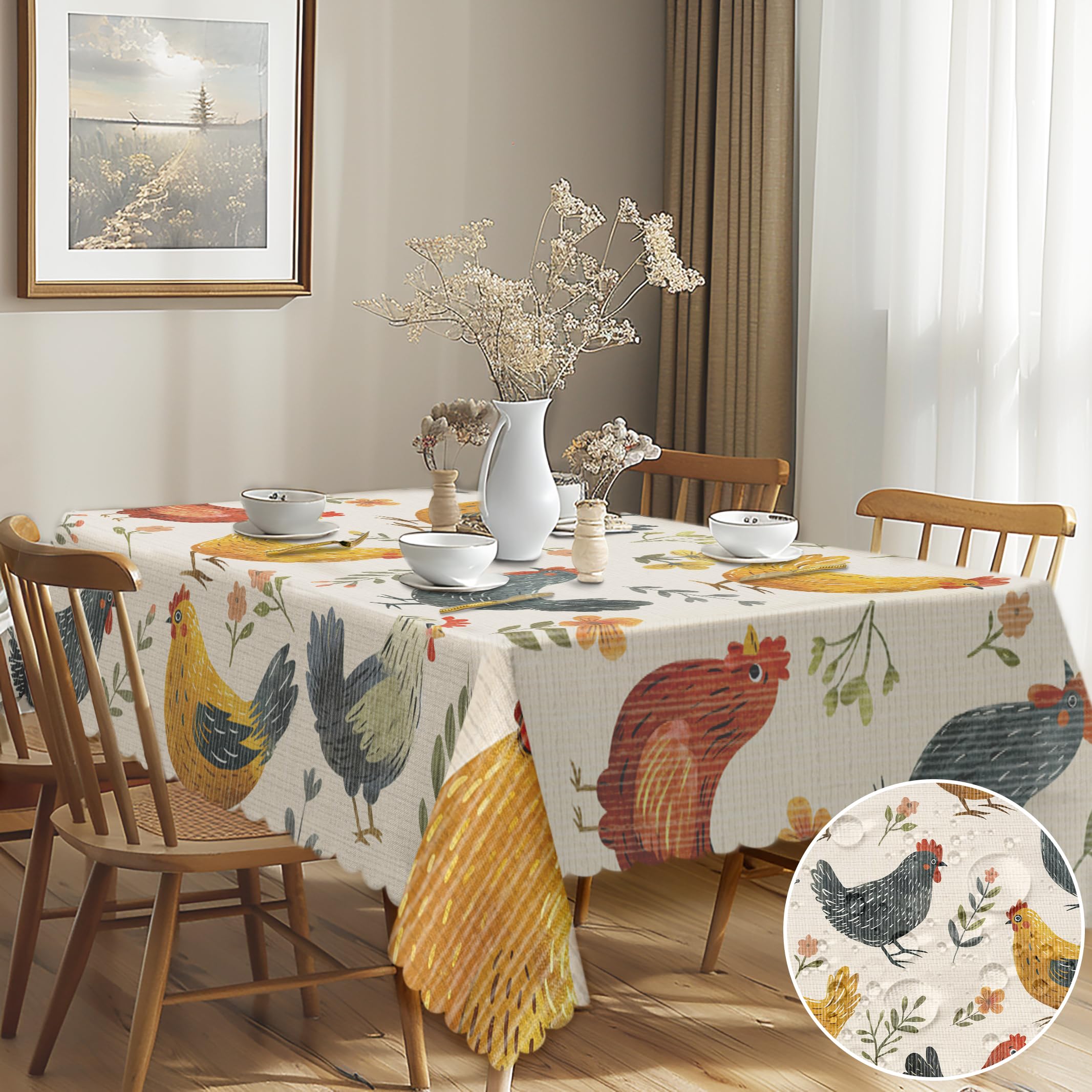 G-dake Autumn Tablecloths Rectangular, Vintage Chickens Rooster Table Cloth Wipe Clean, Waterproof Polyester Tablecloth for Home Kitchen Dining Party Harvest Thanksgiving (140X180cm)