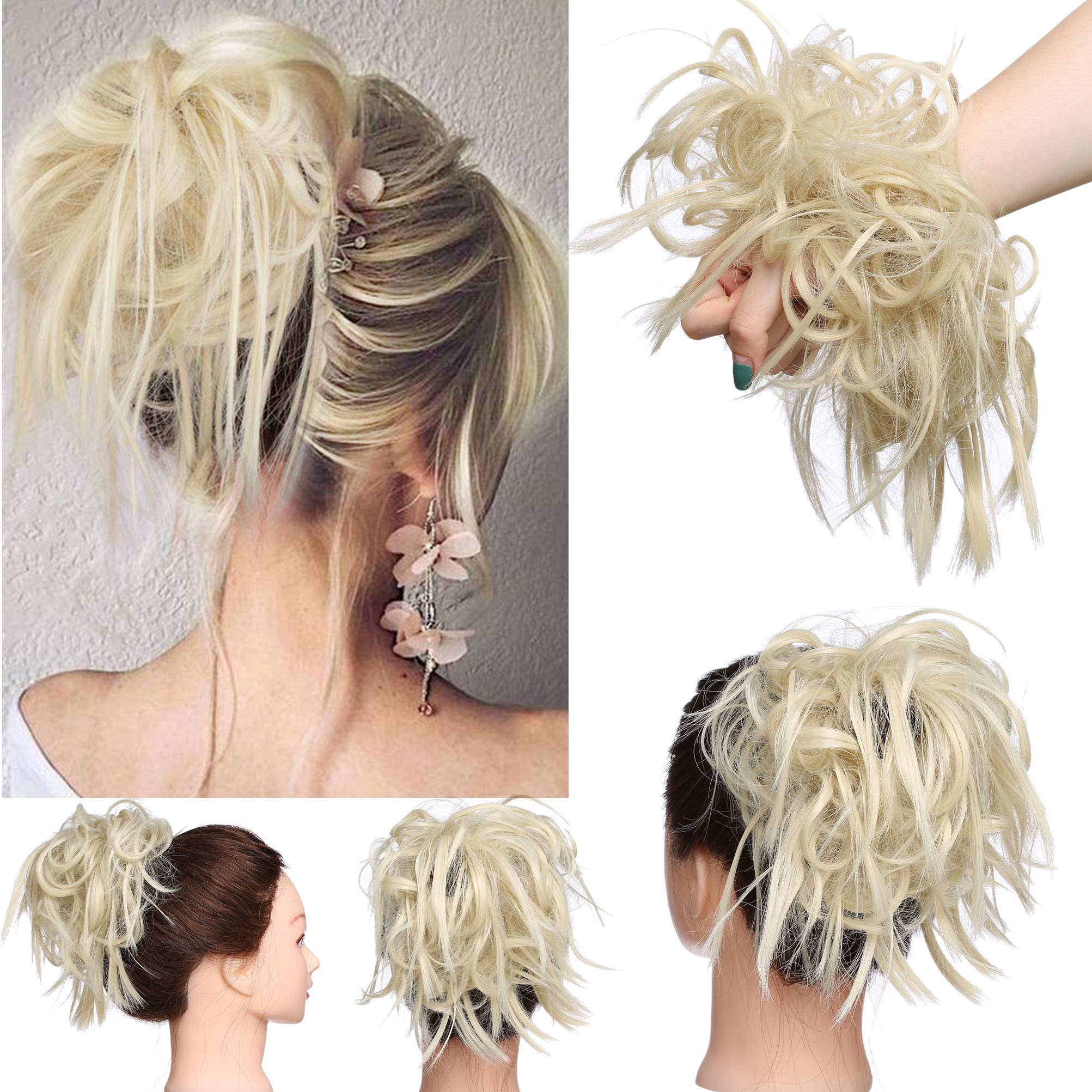 Tousled Updo Messy Bun Hair Piece Scrunchies Hair Synthetic Wavy Bun Extensions Fluffy Updo Scrunchy Chignon with Elastic Rubber Band Wrap on Donut Ponytail Hairpieces Bleach Blonde