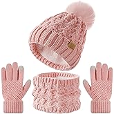Tavaleu Kids Winter Beanie Hat Scart Gloves Set，Girls Fleece Lined Knitted Pom Hat Neck Warmer Knit Gloves for Children