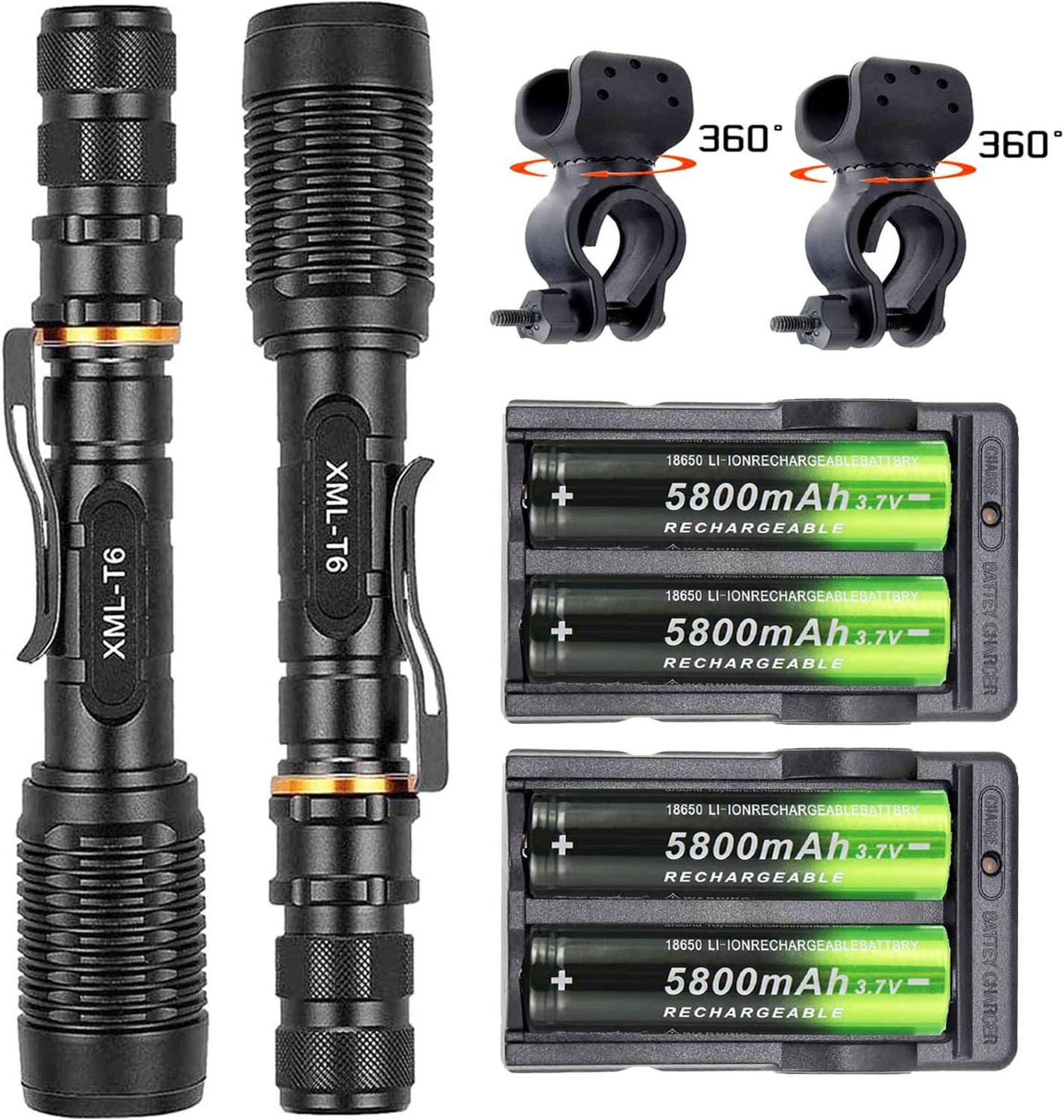Super Bright Tactical Handheld Flashlight,XML-T6 LED,Zoomable,Waterproof,High Lumen and 5 Modes Rechargeable Flashlight best for outdoor Sport(2Pcs+2Pcs Charger+4Pcs Battery+2Pcs Bike Clip)