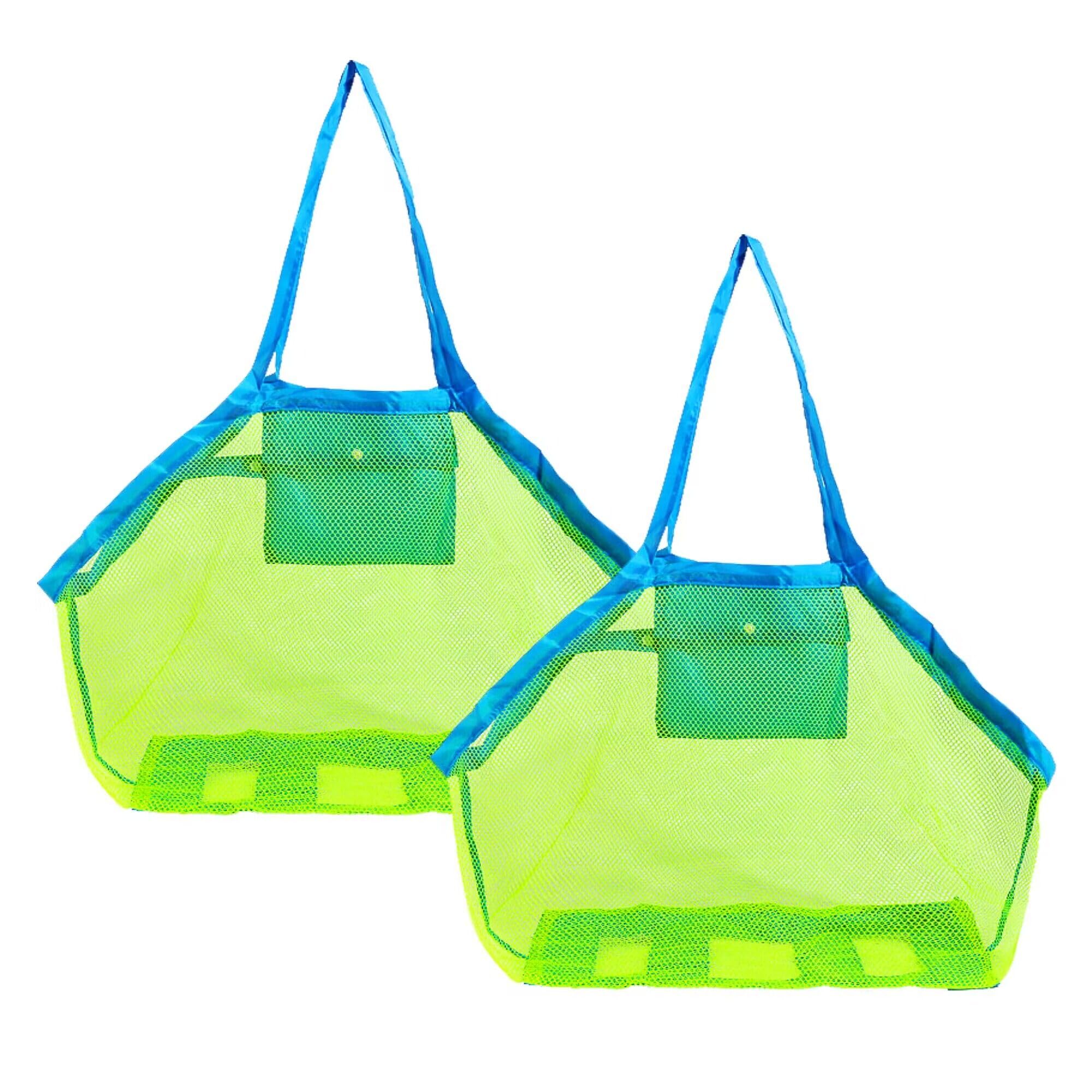 Mesh Beach Bag Large 2pcs Foldable Sand Away Tote for Child's Toys Lightweight Reusable Net Bag for Wet Towels Shoes Folding Summer Beach Bags with Pocket 18x12x18inch Green Mesh Blue Strap