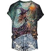 Halloween Shirts for Women Witches Gather Party Tshirt Halloween Witches Graphic Tees Witches Full Moon Art Print Shirt