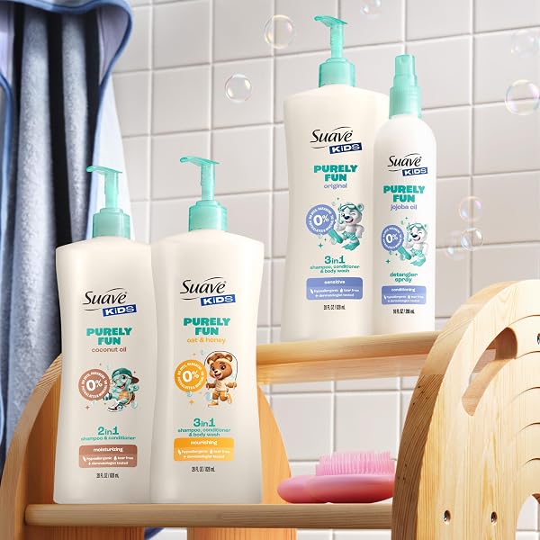 SUAVE KIDS PURELY FUN HAIR DETANGLER SPRAY WITH JOJOBA OIL, TEAR-FREE, TANGLE-FREE SHINE FOR SOFT, MANAGEABLE HAIR, HYPOALLERGENIC, 6 COUNT, 10 FL OZ