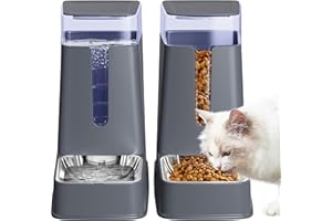 Meowyoyo Automatic Cat Feeder and Cat Water Dispenser Set with Stainless Steel Bowls Gravity Dog Feeder for Small Medium Big Dog Pets Puppy Kitten, 1 Gallon x 2