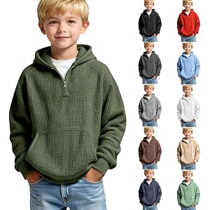 Boys Quarter Zip Hoodies Teen Waffle Knit Athletic Hooded Sweatshirts Classic Fall Winter Long Sleeve Pullover Tops