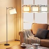 Ambimall 60" Modern Floor Lamp with Beige Shade, 9W LED Bulb | 3 Color Temperatures Bulb, Adjustable Linen Shade, Standing Lamps for Living Room Bedroom Office Classroom Dorm, Black Pole