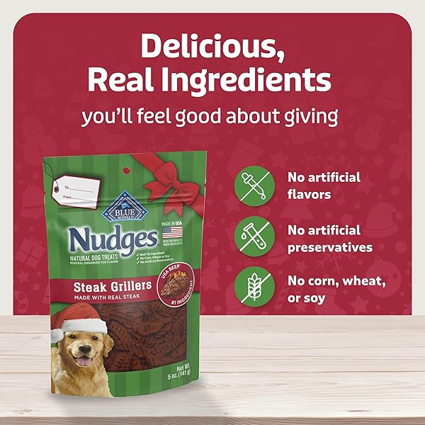 BLUE BUFFALO NUDGES STEAK GRILLERS, NATURAL HOLIDAY DOG TREATS, MADE IN THE USA WITH REAL BEEF, 5-OZ. BAG