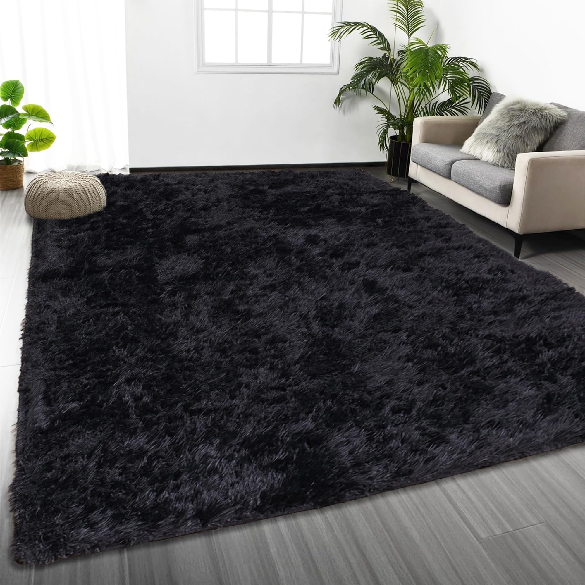 Oxford Homeware Rugs Living Room 120 x 170 cm – Fluffy Shaggy Black Area Rugs for Bedroom, Lounge – Super Soft Non Slip Rug Washable Modern Floor Carpets Bedside Rug for Kids Room