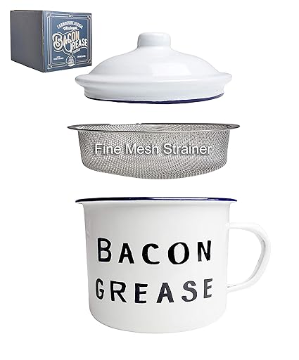 Golden Hills Mercantile Bacon Grease Container With Mesh Strainer Rustic Mid Century Modern Farmhouse Design White Enamel On Metal 4 Inch X 4 Inch Vintage Enamelware With Strainer And Lid Amazon In Home