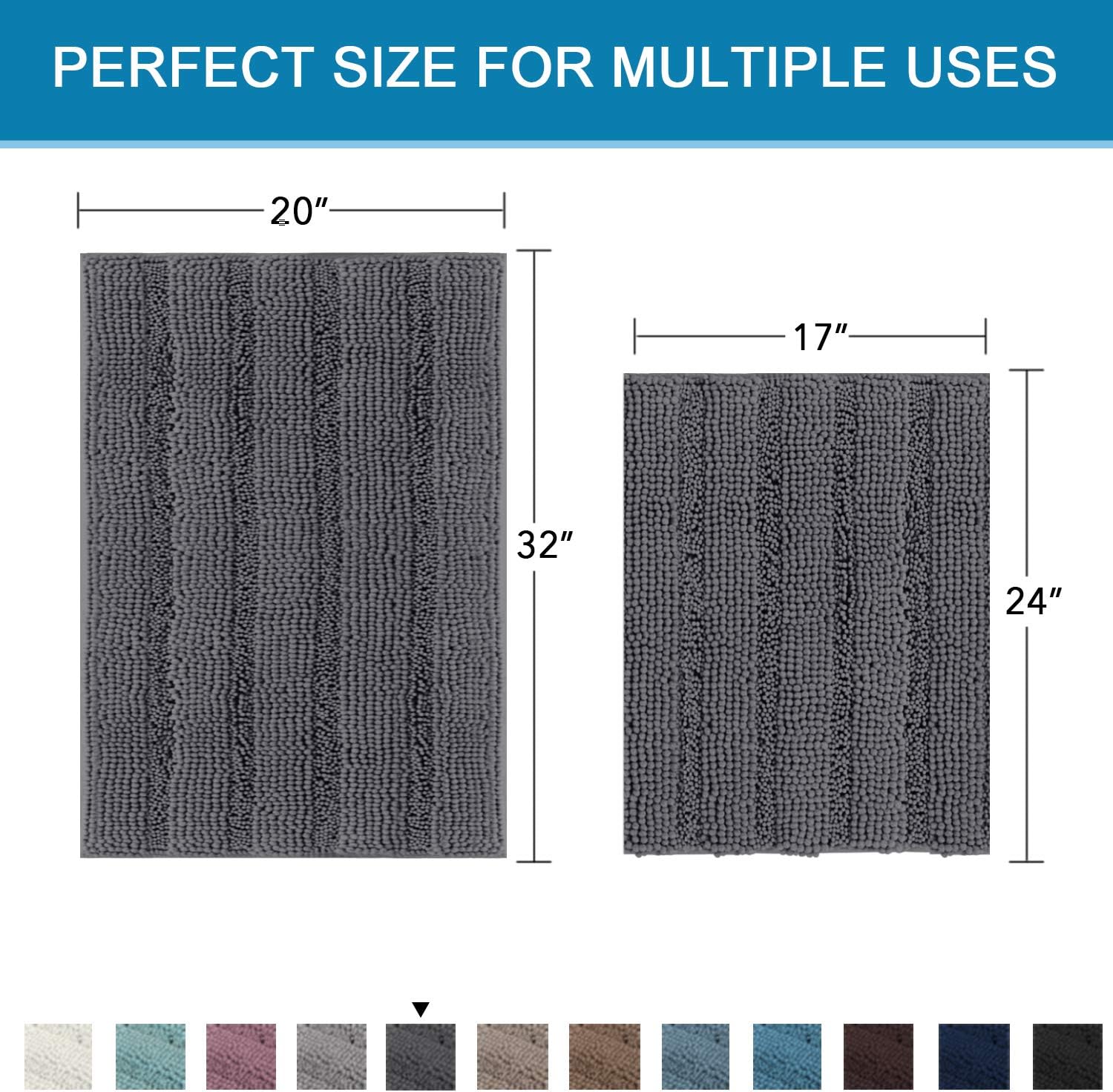 Grey Bath Mats for Bathroom Non Slip Ultra Thick and Soft Chenille Plush Striped Floor Mats Bath Rugs Set, Microfiber Door Mats for Kitchen/Living Room (Pack 2-20" x 32"/17" x 24"): Home & Kitchen