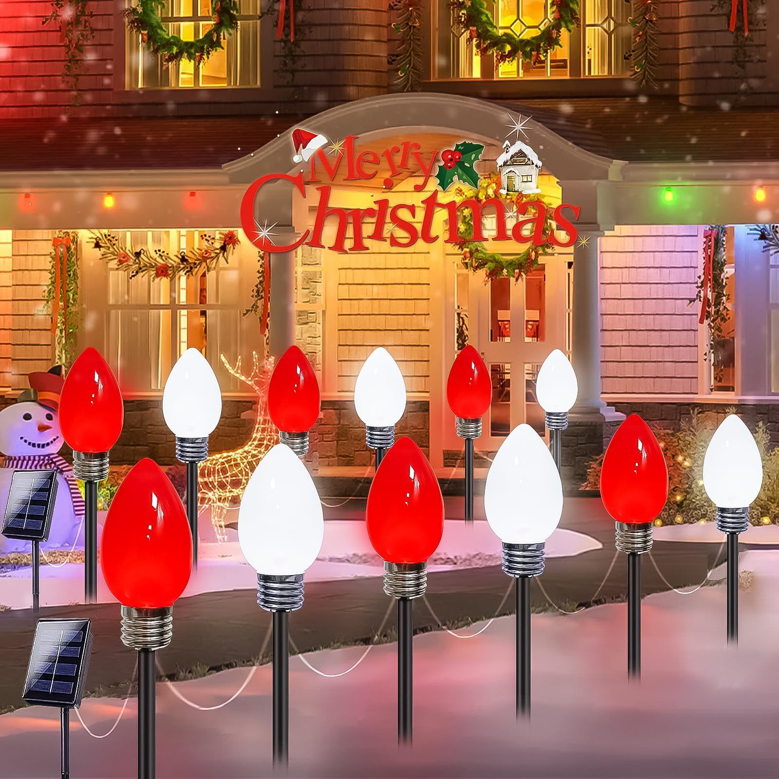 Photo 1 of 12 Pack Jumbo C9 Solar Christmas Lights, Large Bulbs Waterproof Outdoor Christmas Decorations, Solar Powered Lights for Outside Pathway Marker Stakes Yard Garden Walkway Xmas Decor (Red and White)