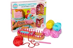 Bright Stripes Nimble Knitter Kit| 4-in-1 Adjustable Bamboo Loom with Chunky Yarn & Guide| DIY Craft Set to Make Scrunchies, Hats, Bags & More| Great for All Ages