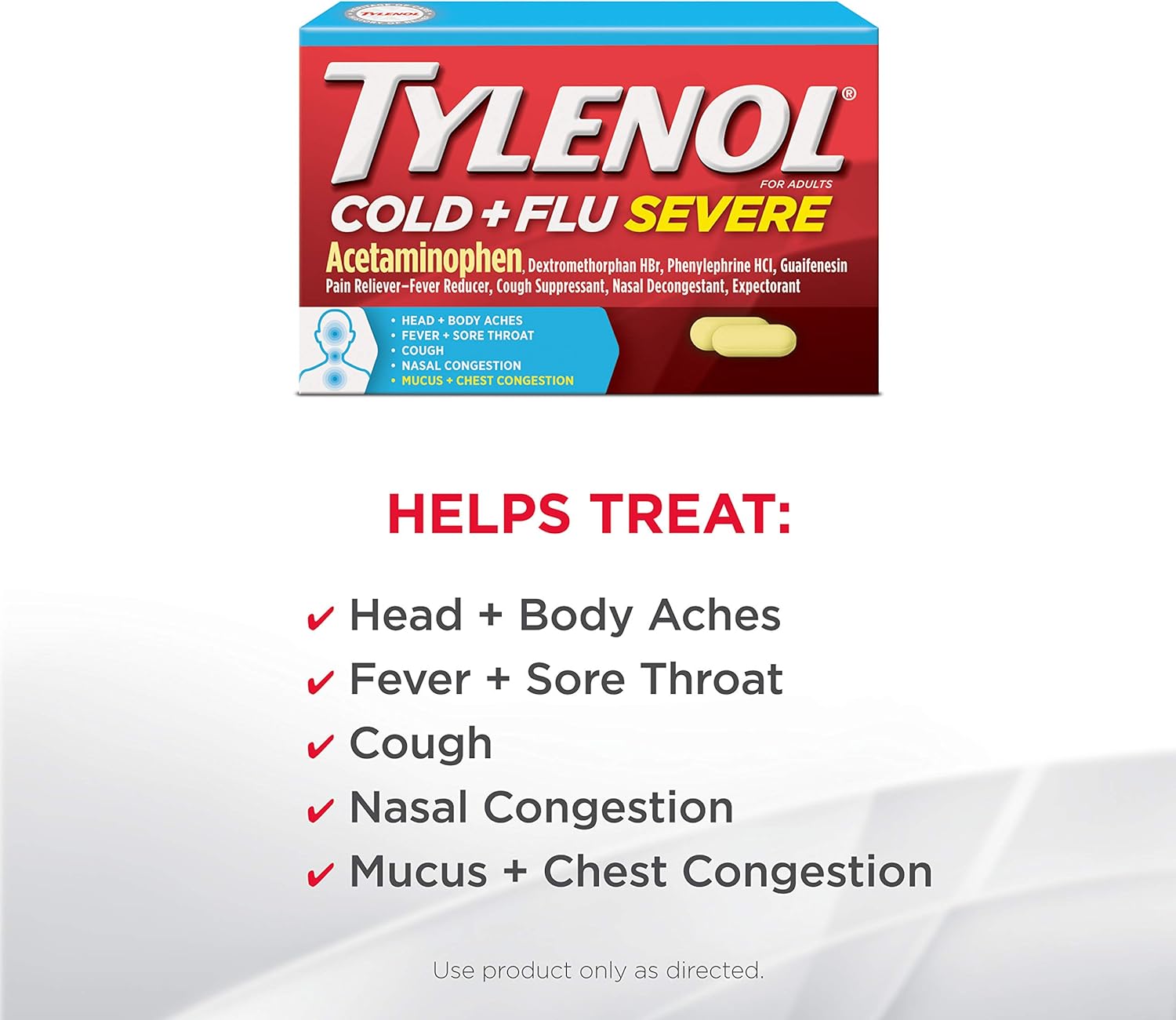 Tylenol Cold + Flu Severe Medicine Caplets for Fever, Pain, Cough & Congestion, 24 ct.: Health & Personal Care