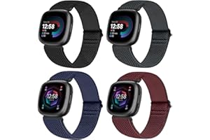 Vodtian 4 Pack Elastic Bands Compatible for Fitbit Versa 4/3 / Sense 2, Adjustable Nylon Stretchy Replacement Sport Loop Straps for Women Men