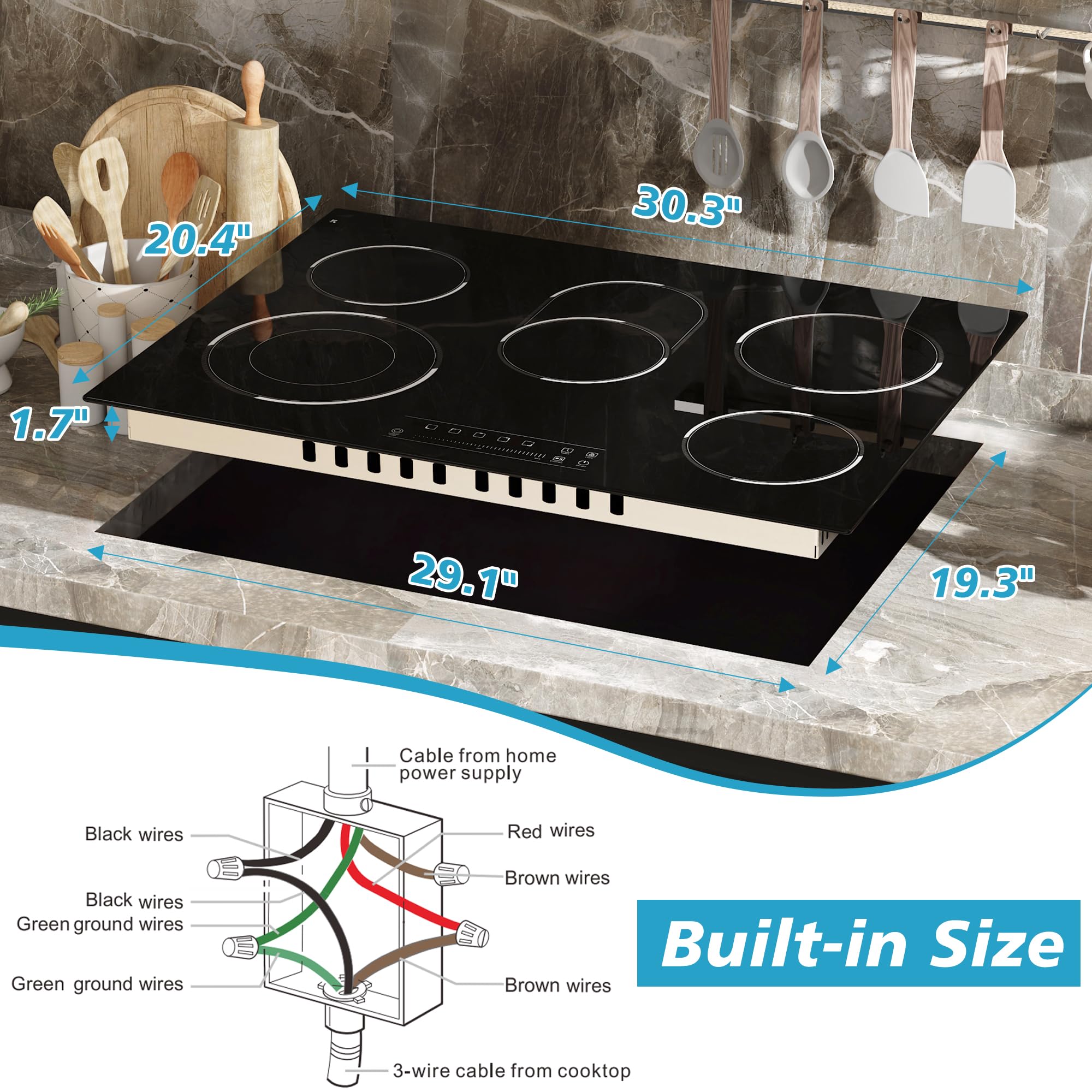 Traenvir 5 Burner Electric Cooktop, 30 Inch 8400W Built-in Electric Stovetop, Glass Ceramic Cooktop with Expanded Zone, Slide Touch Control, Child Lock, Timer, Pause, 220V - 240V Hard Wire, No Plug