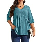 Plus Size Tops for Women 3/4 Lace Sleeve Shirts V Neck Blouses Casual Loose Tunic Tops to Wear with Leggings