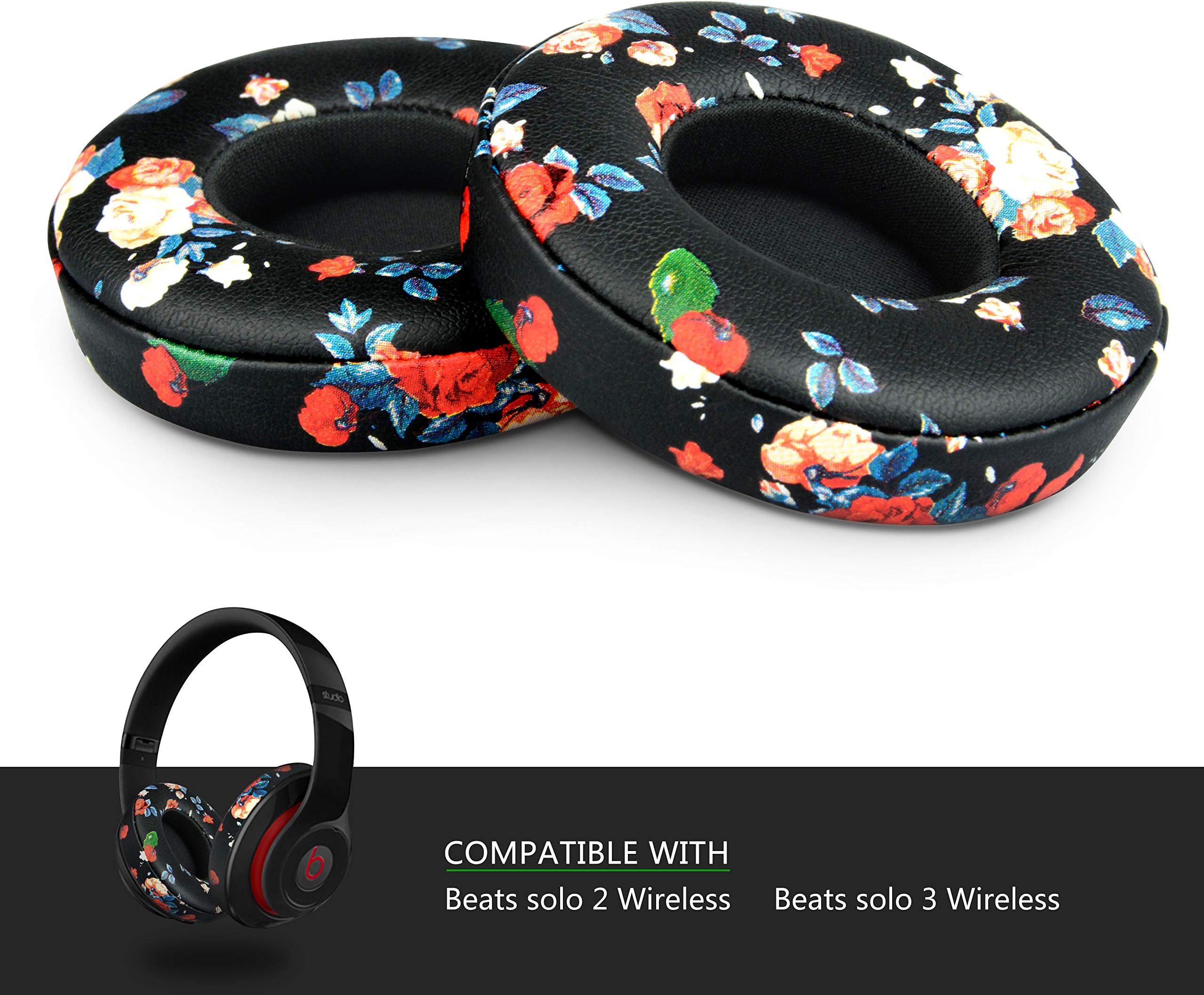 Beats Solo Replacement Ear Pads,Comfortable Soft Breathable Protein Skin,Highly Flexible Adaptive Memory Foam,Compatible with Studio 2&3/Wired/Wireless(Black Flowers)