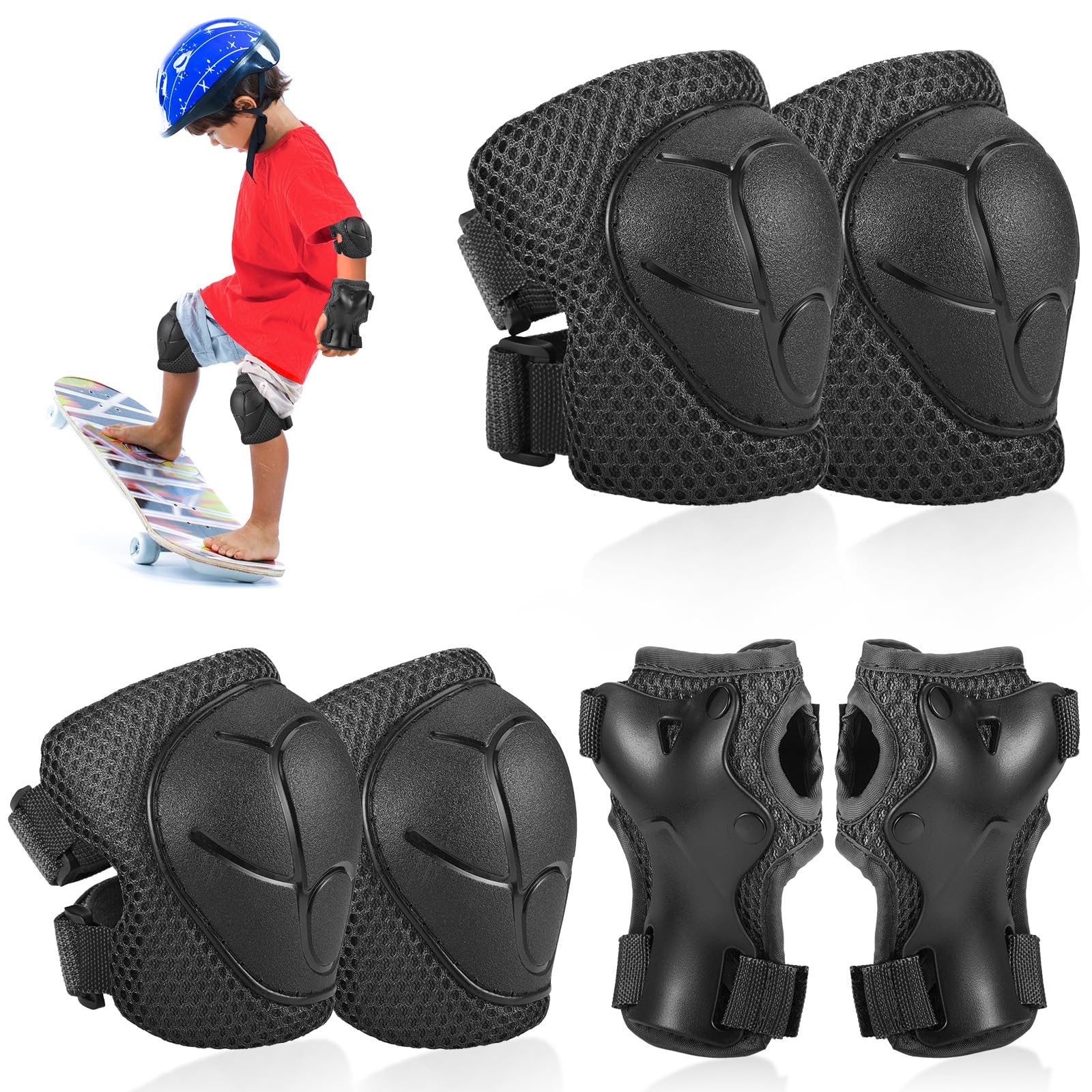 Hejo 6 Pcs Kids knee Pads Elbow Pads, Breathable Guards Protective Gear Set from PE for Children Youth ,With Wrist Pads, for Skating, Scooter, Skateboard, Bike (Black)