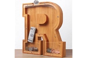HODNSZRIT Wooden Letter Piggy Bank for Kids Boys Girls Large 26 Alphabet Money Bank Personalized Custom Name Transparent Saving Coin Bank, Perfect Christmas,Birthday Gift for kids Adults and Home Decoration (R)