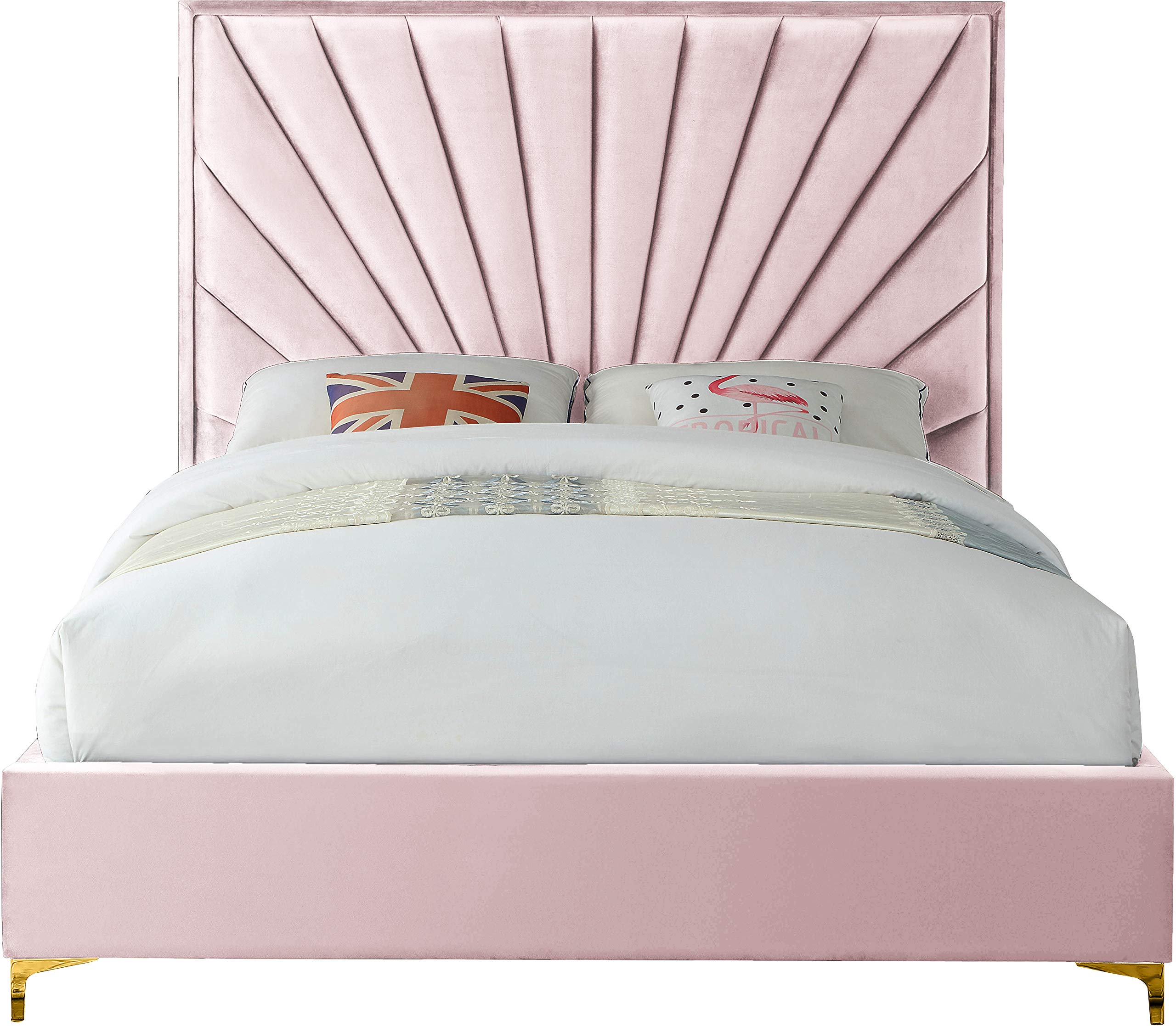 Photo 1 of Meridian Furniture Eclipse Collection Modern | Contemporary Velvet Upholstered Bed with Channel Tufted Design and Complete Sets of Gold and Chrome Legs Included, King, Pink