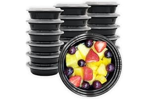 MULMEHË Plastic Food Storage Take-Out Container and Lid Combo, 32 oz, Microwaveable, Round, Black, 7x2”, Set of 150