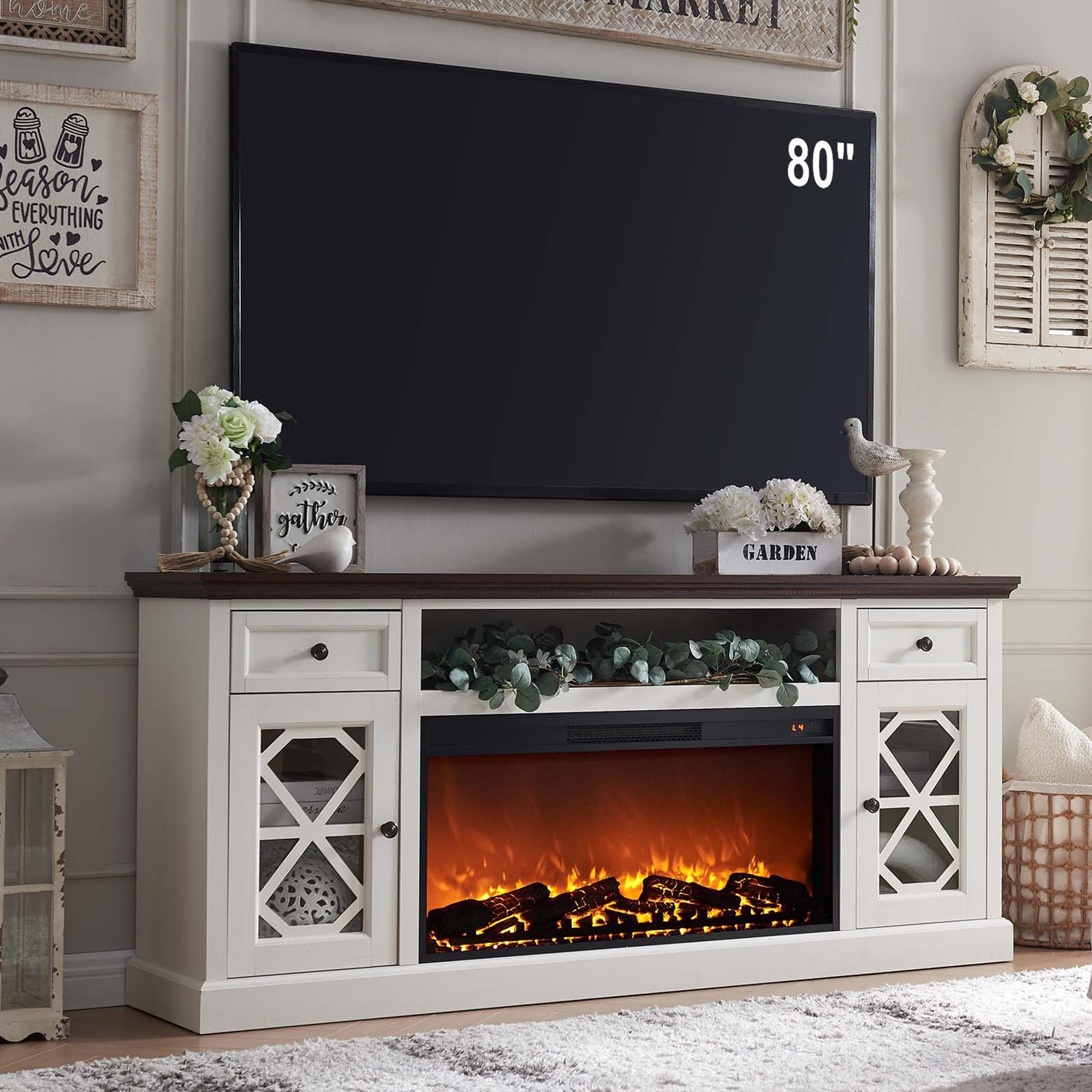 Photo 1 of ***PARTS ONLY***
Farmhouse Fireplace TV Stand with 36" Electric Fireplace for 80 Inch TVs, 31" Tall Entertainment Center w/Drawer & Diamond Panel Door, Highboy Media Console for Living Room, 70inch, Black