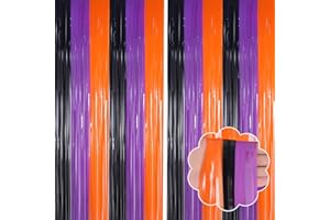 YUKL Orange Purple Black Halloween Party Decorations 2Pack Foil Fringe Backdrop Curtains Halloween Decorations Birthday Backdrop Streamers Party Decorations for Halloween Birthday Party Decorations