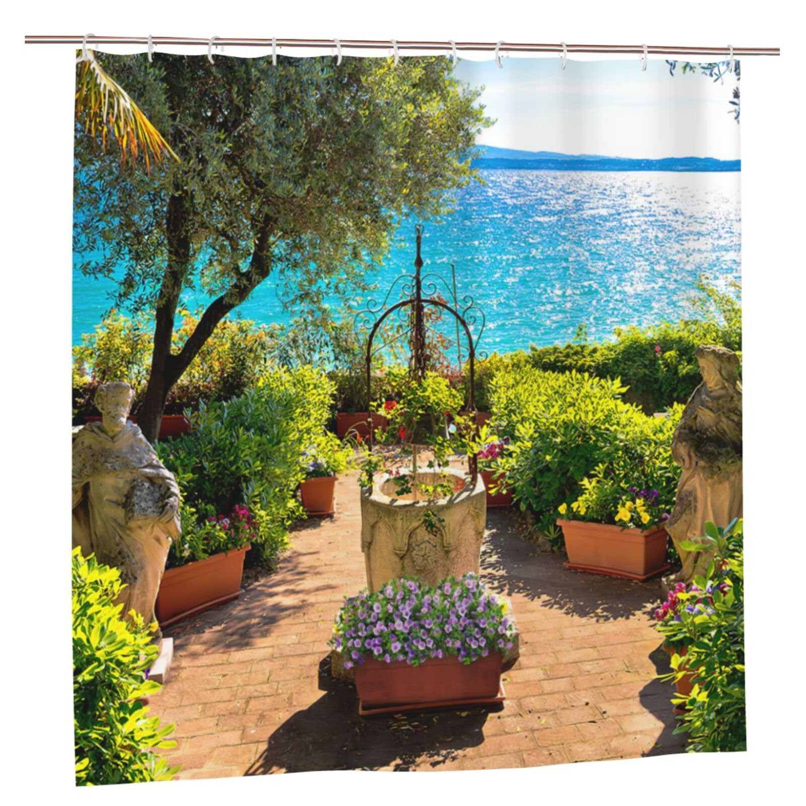 Sunny Seaside Garden Shower Curtain, 3D Beautiful Scenery Garden Decoration, Bathroom Essential Polyester Waterproof Quick-Drying Shower Curtain, Bathroom Decoration with 12 Hooks, 180X180cm/ 71X71 in — image 1