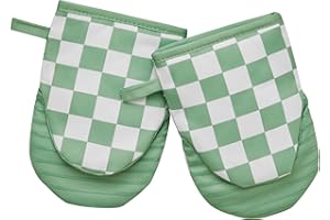 Ohocut Sage Green Checkered Mini Oven Mitts Heat Resistant, Vintage Retro Checkerboard Mini Silicone Oven Mitts Cute, Non-Sli