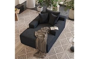 RIBILAKE Cozy Oversized Chaise Lounge Chair Indoor with 3 Pillows, 47 Inch Fluffy Comfy Big Cloud Couch, Plush Corduroy Sleeper Sofa Bed for Living Room, Bedroom, Apartment, Black