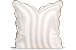 Hofdeco Premium Coastal Patio Indoor Outdoor Scalloped Throw Pillow Cover Only, 20"x20" Water Repellent for Backyard, Couch, Neutral Tan Print Stripes