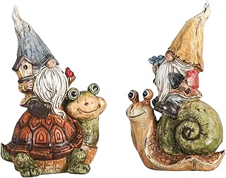 TERESA'S COLLECTIONS Lustige Gartenzwerg auf Lungenschnecken und Schildkröte Wetterfest Figuren für Außen 2er Set 19cm Zwerg Gartenfiguren aus Kunstharz Gartenwichtel Garten Dekofiguren für Balkon