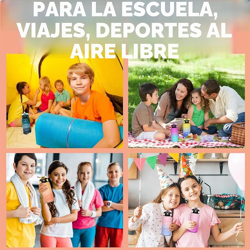 Garrafa de água, cantil infantil de 500ml, à prova de fugas, garrafa de água para crianças em idade escolar, com slogan motivador, fácil de limpar, cantil com palha, para a escola, cantina, campismo, corrida