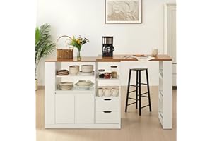 RoyalCraft Kitchen Island with Extendable Table, 75.8'' Storage Island for Kitchen with 3 Side Shelves and 2 Drawers, Coffee Bar Table, Woodern Extended Table for Dining Room, Home Bar, White