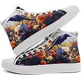 High Top Canvas Sneakers with Skull Floral, Lightweight Casual Walking Goth Shoes for Streetwear Skate Travel