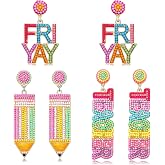 2/3 Pairs Pencil Earrings - Rhinestone Beaded Dangle Drop Earrings for Women - Colorful Teacher Appreciation Gift Set