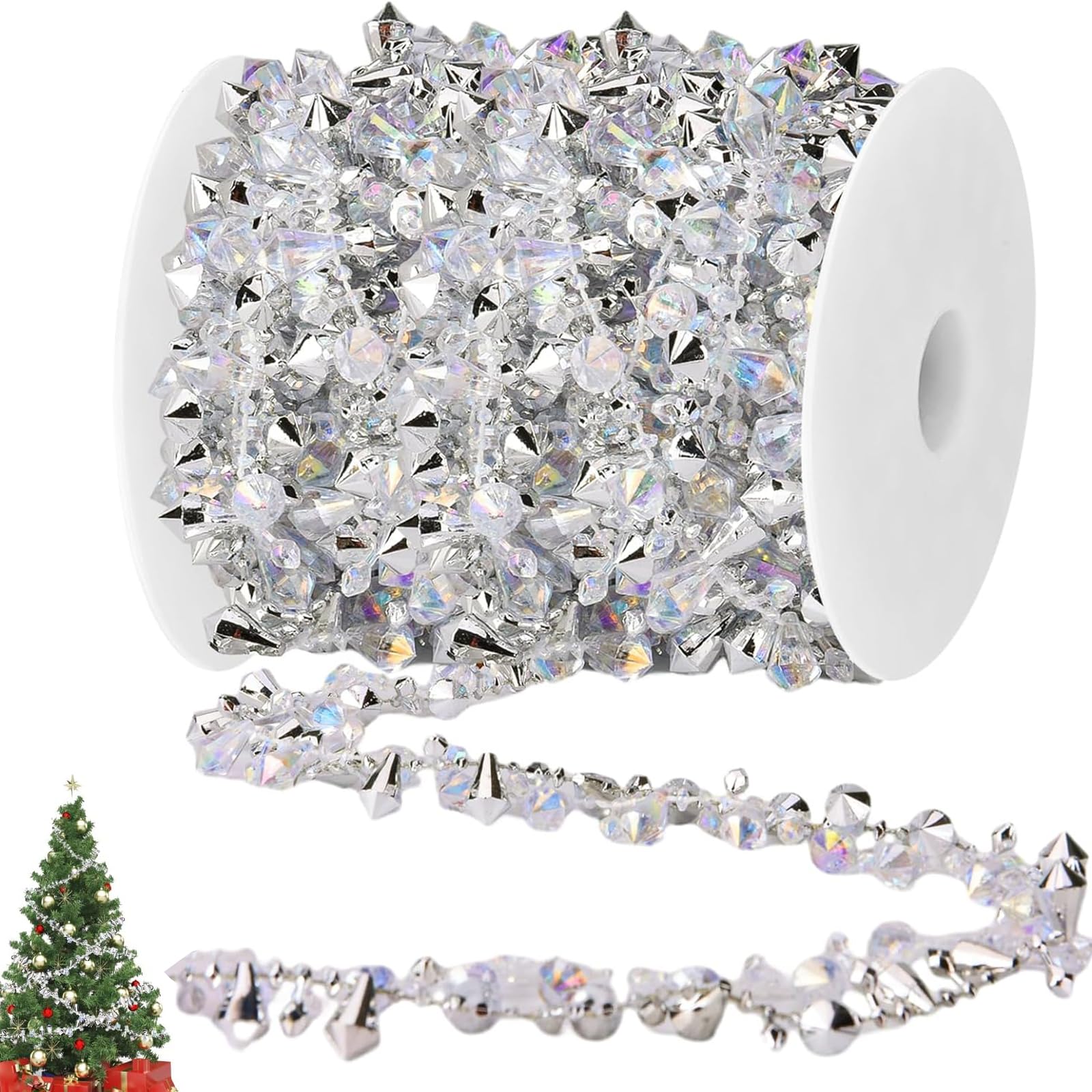 Christmas Tree Decorations, Christmas Decorations, 5M Crystal Garland Twist Bead String, for Party Decoration Wedding DIY Craft (Silver and Clear)