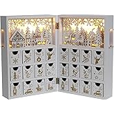 PIONEER-EFFORT Christmas Wooden Advent Calendar Book with LEDs White & Gold Christmas Reindeer Countdown Holiday Gifts with 24 Drawers Adults Kids Home Decoration (White&Gold,with light)