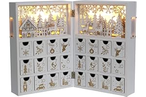 PIONEER-EFFORT Christmas Wooden Advent Calendar Book with LEDs White & Gold Christmas Reindeer Countdown Holiday Gifts with 24 Drawers Adults Kids Home Decoration (White&Gold,with light)