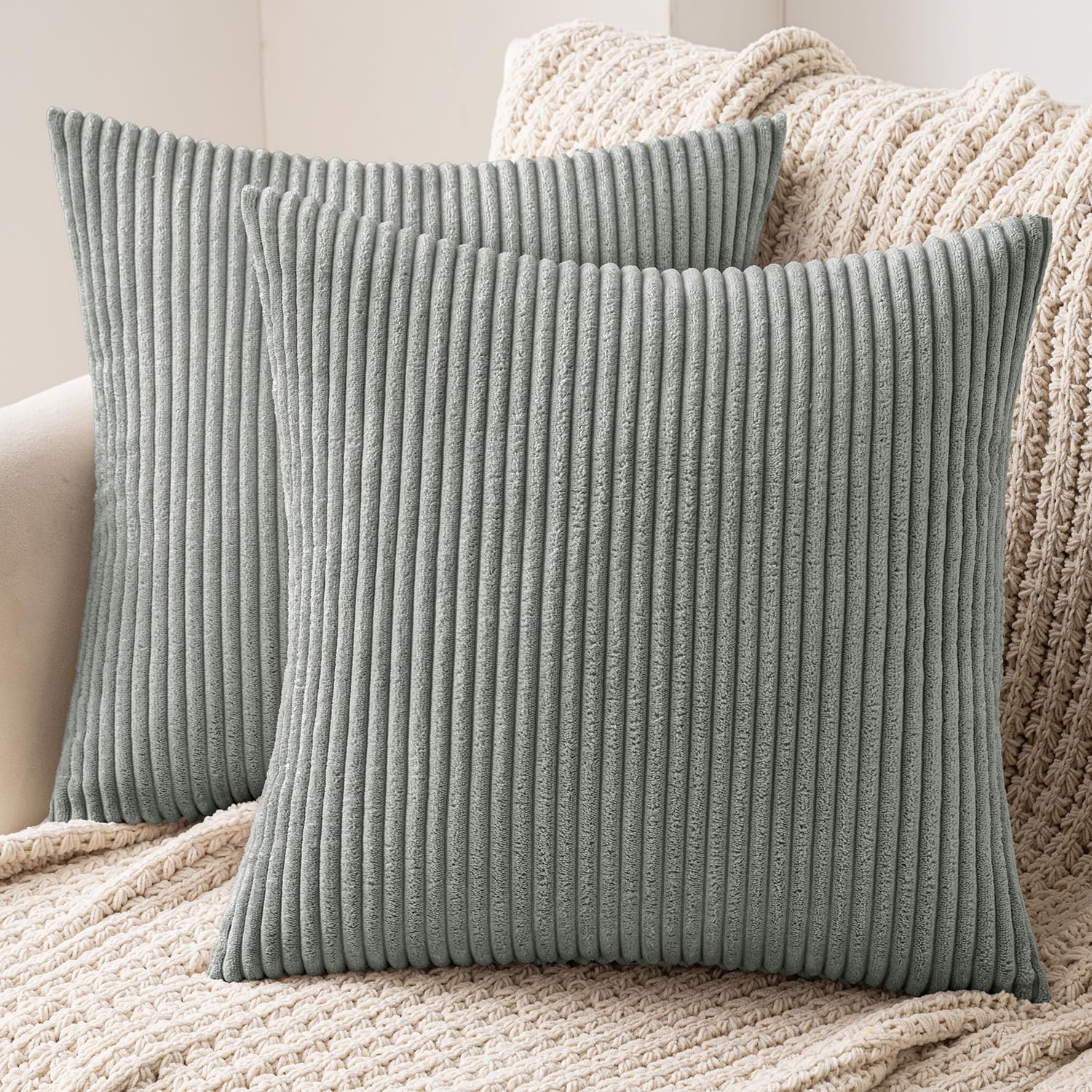 MIULEE Cushion Covers Striped Corduroy Throw Pillow Covers Decorative Pillows Pillowcases Decor for Sofa Couch Living Room 40x40 cm 16x16 Inch Grey Green