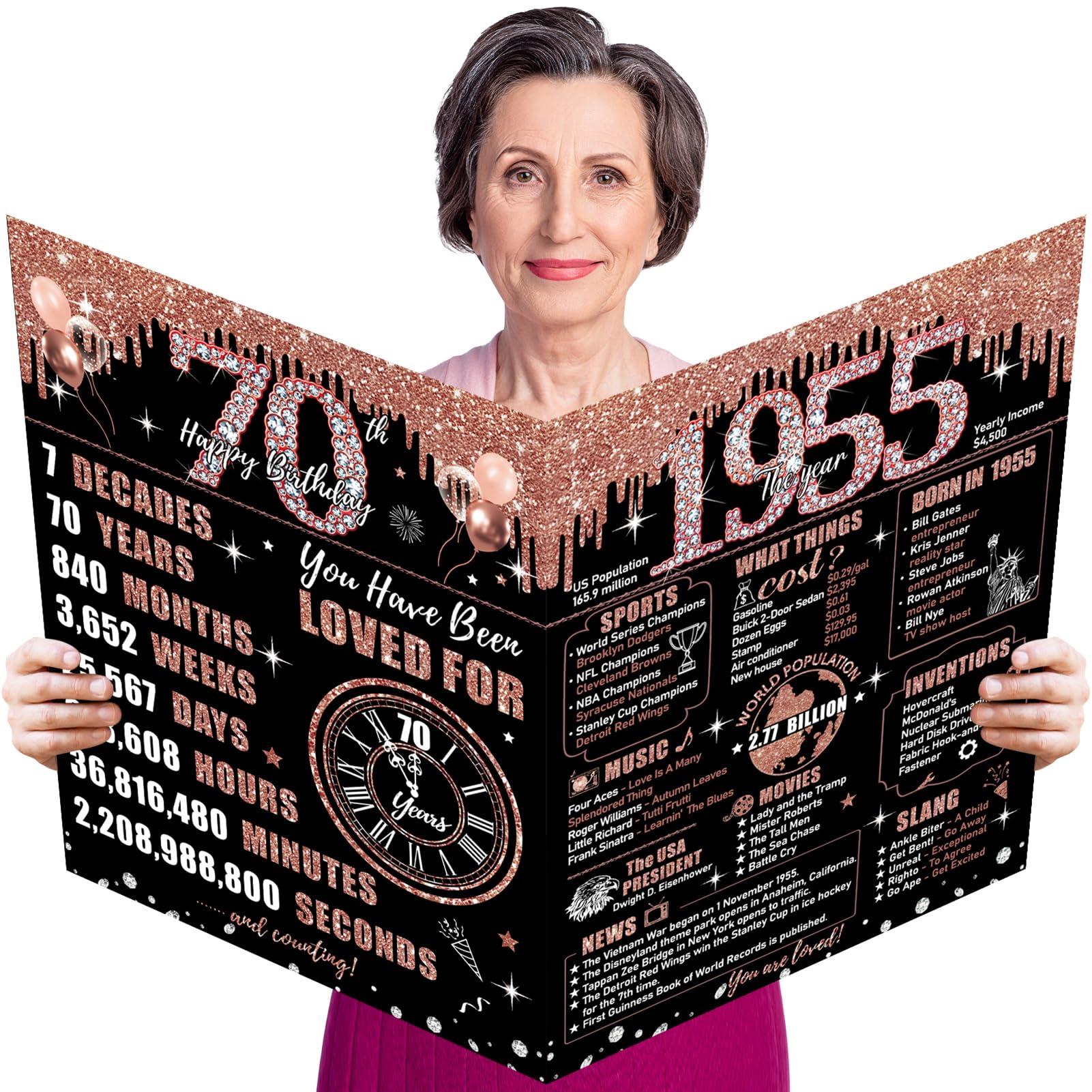 Photo 1 of Uiorgui Large 70th Birthday Card for Women with Envelope, Black Rose Gold Happy 70th Birthday Guest Book Gifts Jumbo Seventy Greeting Card 1955 Decorations Party Supplies