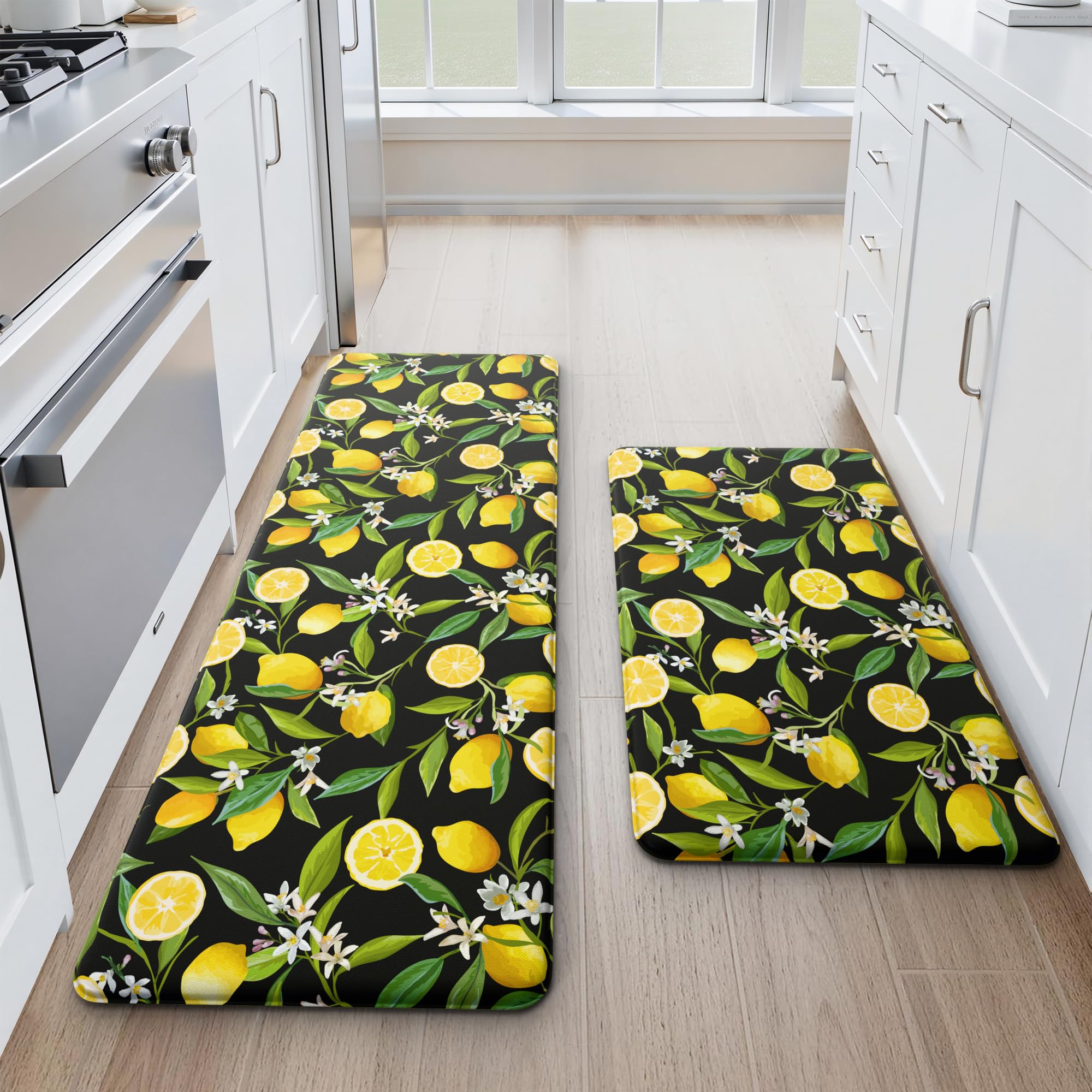 Photo 1 of MAYHMYO Lemon Kitchen Mat Set of 2 - Anti Fatigue Mats for Kitchen Floor - Non Slip Cushioned Rugs for Standing - Lemon Decor (17.3"×29"+17.3"×47"-0.4") Black