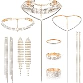 Hicarer 9 Pcs Rhinestone Jewelry Set for Women Rhinestone Necklace Bracelet Bangle Earring for Bride Wedding Party Accessory
