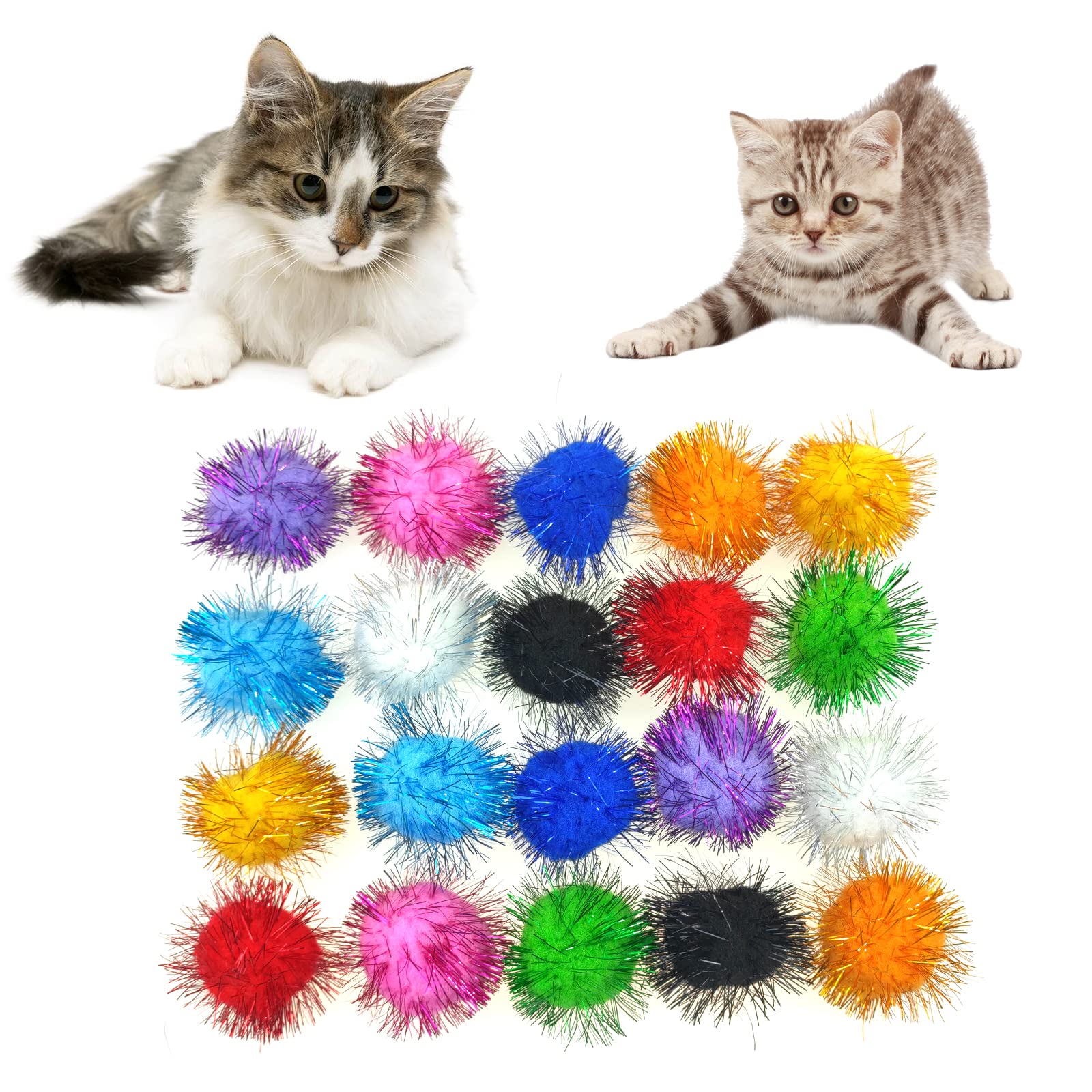 Andiker Cat Sparkle Balls, 1.5 Inches 20pcs Colorful Tinsel Cat Glitter Balls Chew and Chase Cat Pom Pom Balls Interactive and Lightweight Cat Toys for Cats (4.5cm)