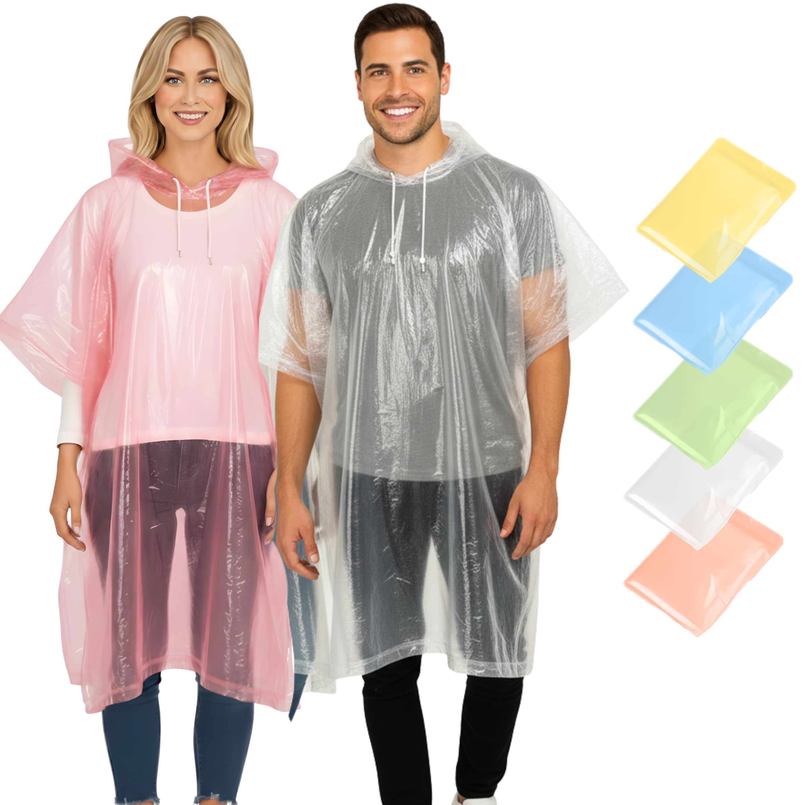 Rain Poncho Adult Waterproof 5 Pack - Waterproof Ponchos Adults Festival Poncho - Waterproof Plastic Poncho - Disposable Rain Poncho with Drawstring Hood and Elasticated Cuffs Rain Coat for Outdoors